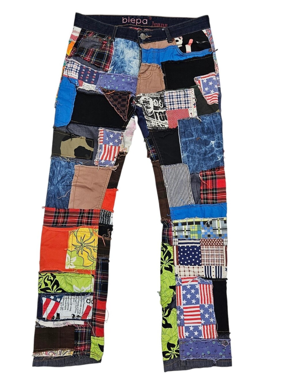 Biepa Jeans Patchwork Button Fly Denim Multicolor Mixed Fabric Sz 36x32 Unisex